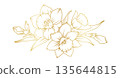 Narcissus lily flowers line art isolated on white background. Luxury daffodil floral golden design elements for invitation, wedding, wallpaper, print template, vector illustration 135644815