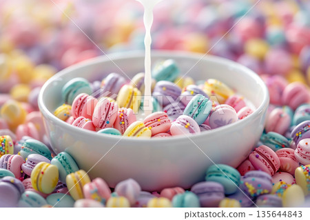 將牛奶倒入粉彩色的迷你馬卡龍麥片中 135644843