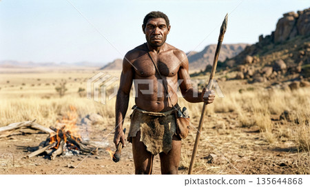3D CG illustration of Homo erectus, a fire-controlling upright human. A realistic reconstruction of a primitive life of a Homo species. 135644868