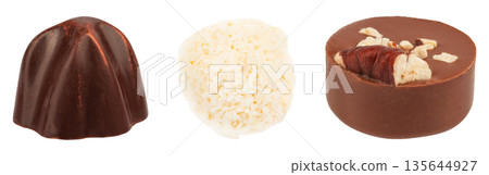 Assorted chocolate pralines isolated on white background Assorted chocolate pralines isolated on white background 135644927