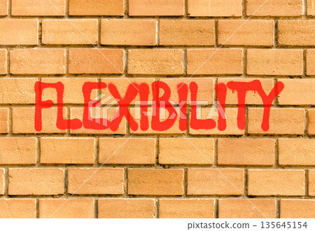 Flexibility symbol. Concept word Flexibility on beautiful big brown brick wall. Beautiful big brown brick wall background. Business flexibility concept. Copy space. Flexibility symbol. Concept word Flexibility on beautiful big brown brick wall. Beautiful big brown brick wall background. Business flexibility concept. Copy space. 135645154