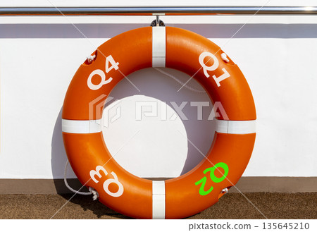 2nd second quarter symbol. Beautiful orange lifebuoy with words Q2 Q3 . Beautiful white background. Business, happy 2nd second quarter Q2 concept. Copy space. 2nd second quarter symbol. Beautiful orange lifebuoy with words Q2 Q3 . Beautiful white background. Business, happy 2nd second quarter Q2 concept. Copy space. 135645210