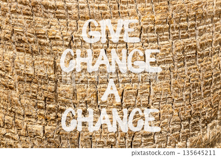 Give change a chance symbol. Concept words phrase Give change a chance on beautiful palm tree bark. Beautiful palm tree bark background. Business Give change a chance concept. Copy space. 135645211