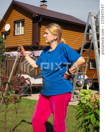 Woman gardener in blue t-shirt and pink pants with a shovel standing in a garden. Home improvement and gardening concept. 135645547