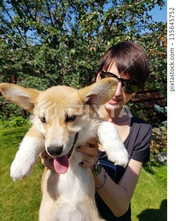 Happy Woman Holding Corgi Puppy in Sunny Garden Happy Woman Holding Corgi Puppy in Sunny Garden 135645752