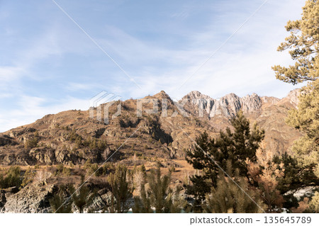 Winter Mountain View: Rocky Peaks, Pine Forest, Clear Sky 135645789