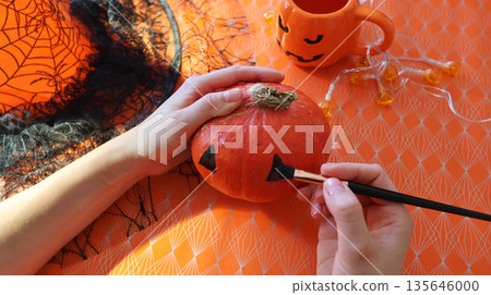 Handmade pumpkin painting on an orange background with a spider web  135646000