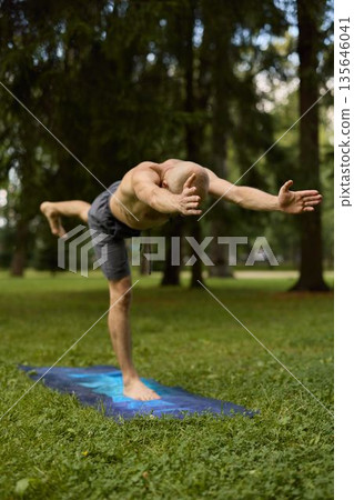 Person sustains pose surrounded by sunlight and natural greenery 135646041