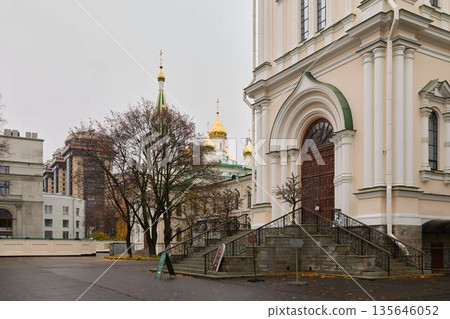 Solitary pedestrian near cathedral steps, contemplative commute 135646052