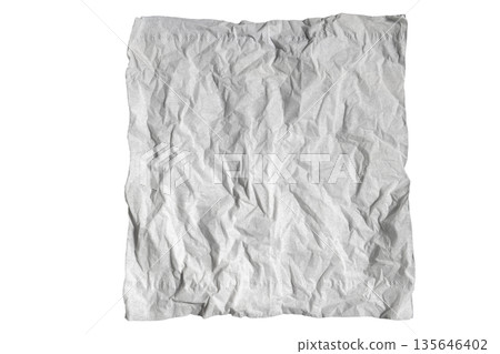 Crumpled white napkin texture with wrinkles and embossed edge detail Crumpled white napkin texture with wrinkles and embossed edge detail 135646402