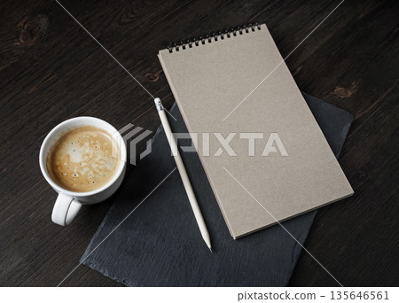 Sketchbook, pencil, coffee cup Sketchbook, pencil, coffee cup 135646561