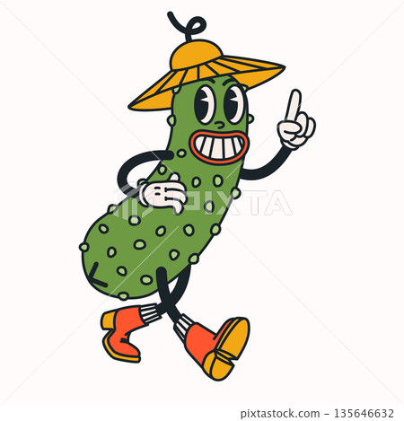 Cartoon pickle character illustration, green cucumber in groovy retro style on light background. Pickle character vector. Great for stickers, posters, branding, packaging, prints. 135646632