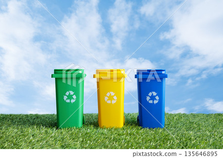 Colorful recycling bin on grass over sky background. Containers for waste separation, promoting eco friendly living and environmental awareness. Waste management, clean environment concept. 135646895