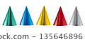 Colorful party hats for birthdays and New Year celebrations isolated on white background. Fun festive accessories for holiday parties and joyful occasions. Party hats for holiday design and collage. 135646896