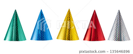 Colorful party hats for birthdays and New Year celebrations isolated on white background. Fun festive accessories for holiday parties and joyful occasions. Party hats for holiday design and collage. Colorful party hats for birthdays and New Year celebrations isolated on white background. Fun festive accessories for holiday parties and joyful occasions. Party hats for holiday design and collage. 135646896