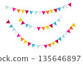 Colorful carnival garland, birthday party decoration garland from textile wool flags isolated on white background. Multicolored carnival triangular flags. Decorative colorful party bunting for design. 135646897