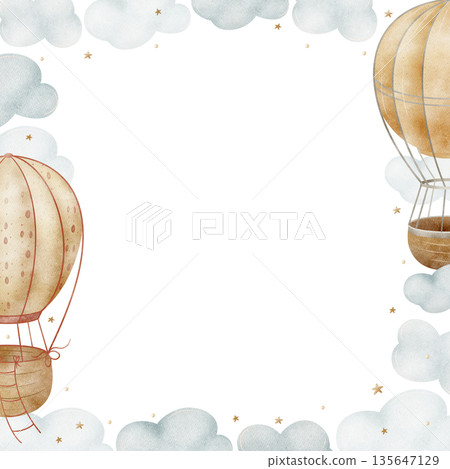 Hot Air Balloons in clouds. Frame hand drawn watercolor illustration template square in children's pastel style is perfect for greeting postcards, poster baby shower, birthday on isolated background 135647129