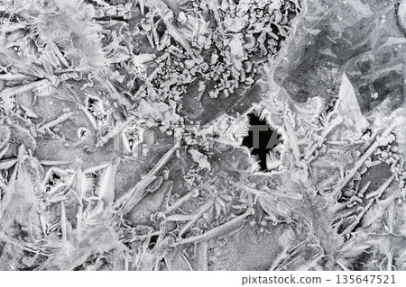 Macro shot of ice on a creek. Natural winter background.Macro shot of ice on a creek. Natural winter background. Macro shot of ice on a creek. Natural winter background.Macro shot of ice on a creek. Natural winter background. 135647521