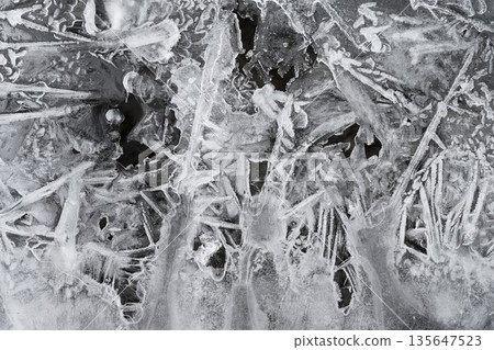 Macro shot of ice on a creek. Natural winter background.Macro shot of ice on a creek. Natural winter background. Macro shot of ice on a creek. Natural winter background.Macro shot of ice on a creek. Natural winter background. 135647523