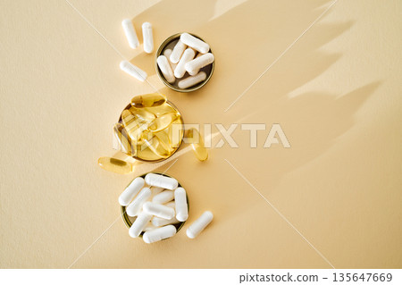 Various nutritional supplements and omega 3 capsules for health and wellness Various nutritional supplements and omega 3 capsules for health and wellness 135647669