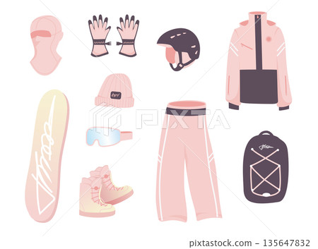 Snowboard gear and winter sport accessories with a helmet and hat for outdoor fun or a holiday. Snowboard gear and winter sport accessories with a helmet and hat for outdoor fun or a holiday. 135647832