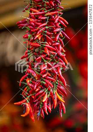 Red cayenne chili peppers for decoration Red cayenne chili peppers for decoration 135647872