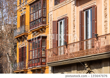 Colourful facades of traditional mediterranean townhouses in the historic center of Palma, Mallorca, Balearic Islands, Spain, Europe 135647876