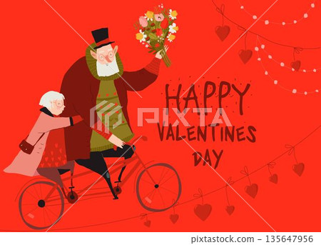 Elderly Couple Riding Bicycle Together. Old Lady Sits on Back of Cycle. Grandfather Wheels Grandmother on Bicycle. Valentine s Card 135647956