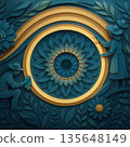 Ornate golden eye design with detailed iris pattern on layered teal background featuring decorative botanical element and concentric arc creating depth and symmetry 135648149
