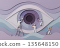 Papercut illustration featuring giant eye with pupil and iris while miniature figure restore color using ladder and tool representing vision care and ophthalmology concept 135648150