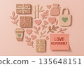Eco friendly gift composition forming heart shape with sustainable product, paper craft element, botanical motif, coral tone, pink palette, love responsibly message 135648151