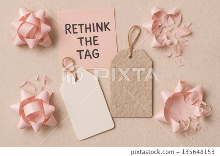 Rethink tag message with pink paper flower, piggy bank, notebook, and scattered origami decorations on neutral background representing sustainable gift wrapping concept 135648153