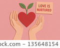 Hand holding heart with sprouting leaf plant growth nurture love concept paper cut illustration pink background romantic care nature symbol ecological mindset 135648154