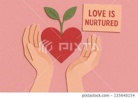 Hand holding heart with sprouting leaf plant growth nurture love concept paper cut illustration pink background romantic care nature symbol ecological mindset 135648154