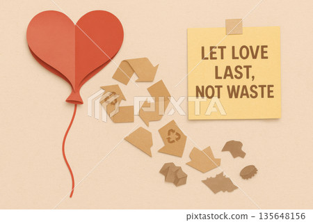 Recycled paper heart balloon deflating into reusable material with sustainable love message on beige background promoting eco friendly relationship and zero waste lifestyle 135648156