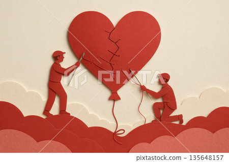 Silhouette couple stitching broken heart balloon together with thread in papercut landscape symbolizing relationship repair and emotional healing through cooperation 135648157