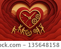Heart mechanism with clockwork gear surrounded by silhouette figure working together in layered paper art, ruby red and gold palette representing teamwork, synchronization and balance 135648158