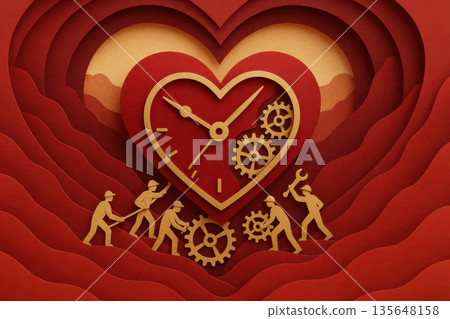 Heart mechanism with clockwork gear surrounded by silhouette figure working together in layered paper art, ruby red and gold palette representing teamwork, synchronization and balance 135648158