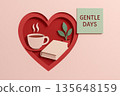 Papercut heart shape with coffee cup book plant icon gentle days sticky note valentine composition on pink background relaxing morning self care concept 135648159