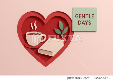 Papercut heart shape with coffee cup book plant icon gentle days sticky note valentine composition on pink background relaxing morning self care concept 135648159