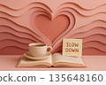 Papercut heart layered wave design with open book coffee cup and slow down sticky note creating peaceful mindful self care scene in warm pink coral neutral tone palette 135648160