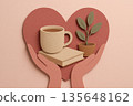 Papercut hands holding heart with coffee cup book and plant representing self care slow living mindfulness valentine concept in pink terracotta earth tone palette 135648162