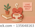 Cute heart character hugging warm beverage cup with potted plant and inspirational note promoting daily self care and self compassion in soft pastel tone paper craft style 135648163