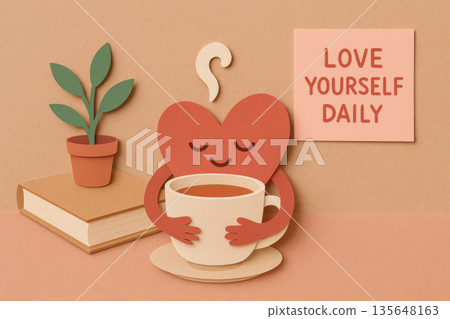 Cute heart character hugging warm beverage cup with potted plant and inspirational note promoting daily self care and self compassion in soft pastel tone paper craft style 135648163