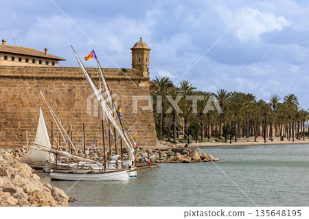 Traditional llaut boats are displayed on the artificial lake at Parc de la Mar in Palma, Mallorca, Balearic Islands, Spain, Europe 135648195