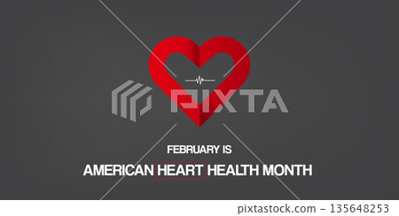 American Heart Month promotion header for February, creative red heart silhouette with heartbeat icon on elegant dark background for health awareness. Heart month USA and America American Heart Month promotion header for February, creative red heart silhouette with heartbeat icon on elegant dark background for health awareness. Heart month USA and America 135648253