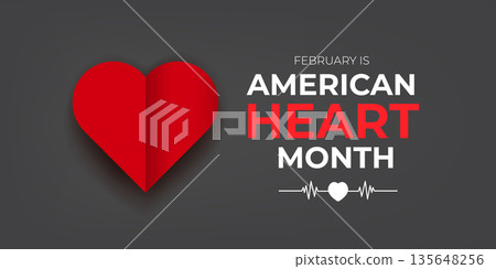 February is American Heart Month awareness banner with red heart symbol and pulse line on dark grey background, professional medical healthcare vector design. Heart month with paper heart February is American Heart Month awareness banner with red heart symbol and pulse line on dark grey background, professional medical healthcare vector design. Heart month with paper heart 135648256