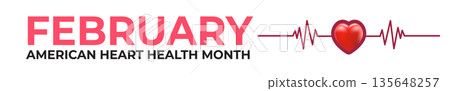 Panoramic horizontal banner for Heart Health Month in February, red 3D heart with pulse line and bold red text isolated on white background. American Heart month text banner 135648257