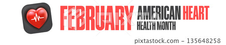 American Heart Health Month web banner for February awareness, modern horizontal design with glossy red heart and bold typography for website and social media. Wide banner Heart month America USA 135648258