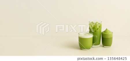 Matcha drink assortment includes iced and blended beverages on a light background Matcha drink assortment includes iced and blended beverages on a light background 135648425